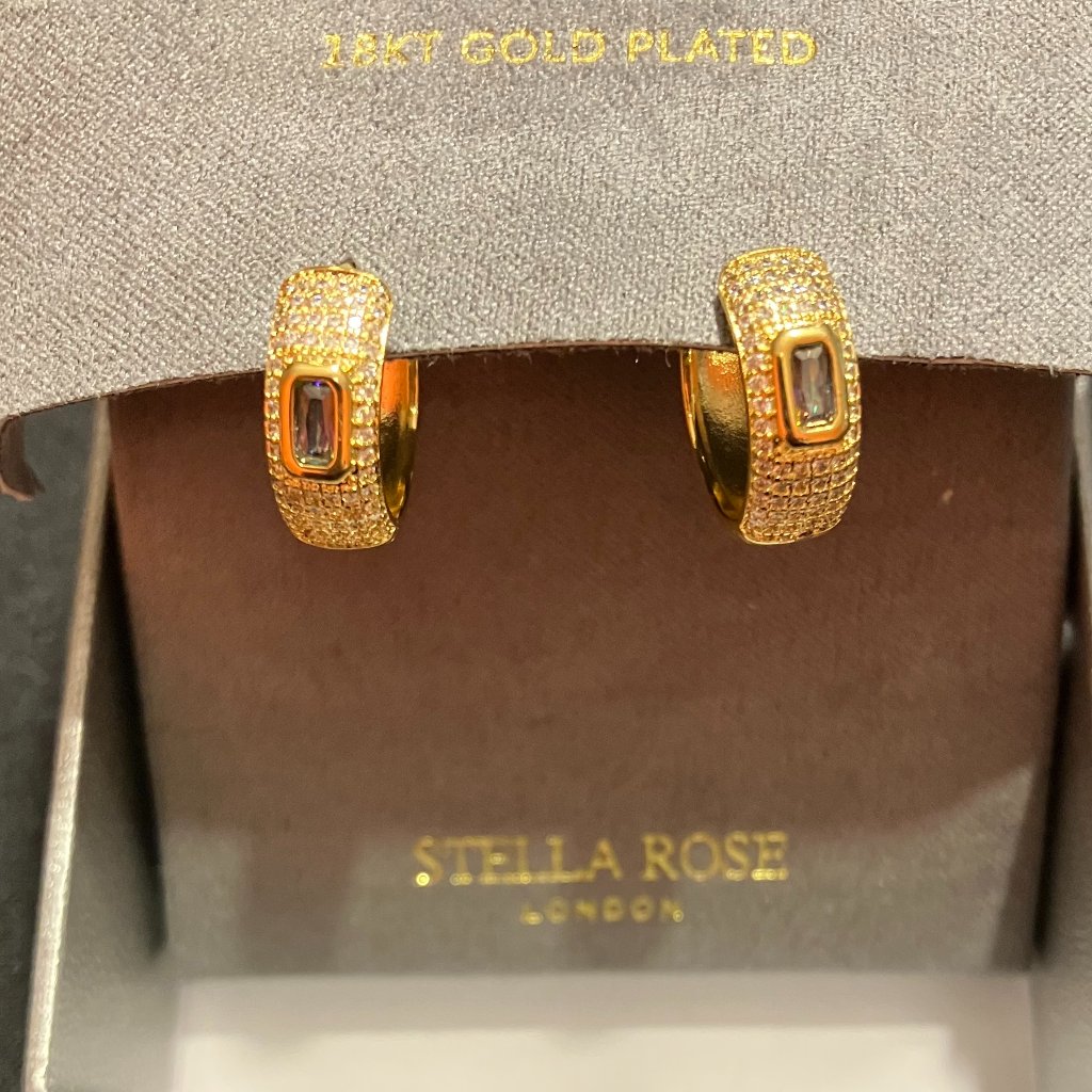 Yellow Gold-Toned Huggie Earrings With An Emerald Cut Center Stone